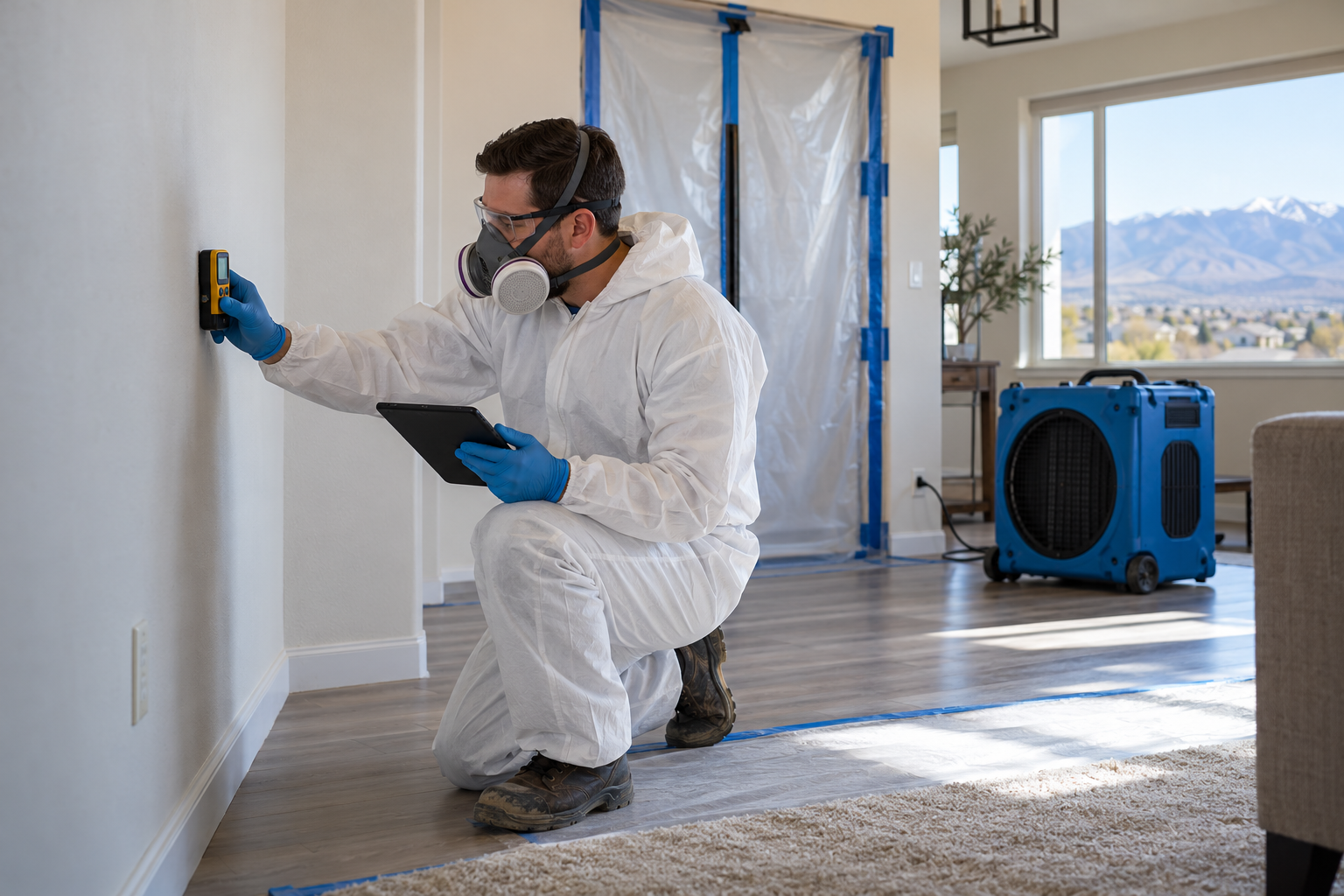 Mold-remediation technician checking a cleaned wall with a moisture meter inside a Sparks-area home.