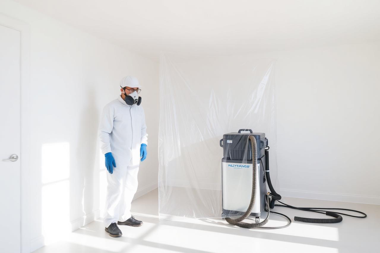Mold remediation technician working inside a contained area with HEPA filtration equipment.