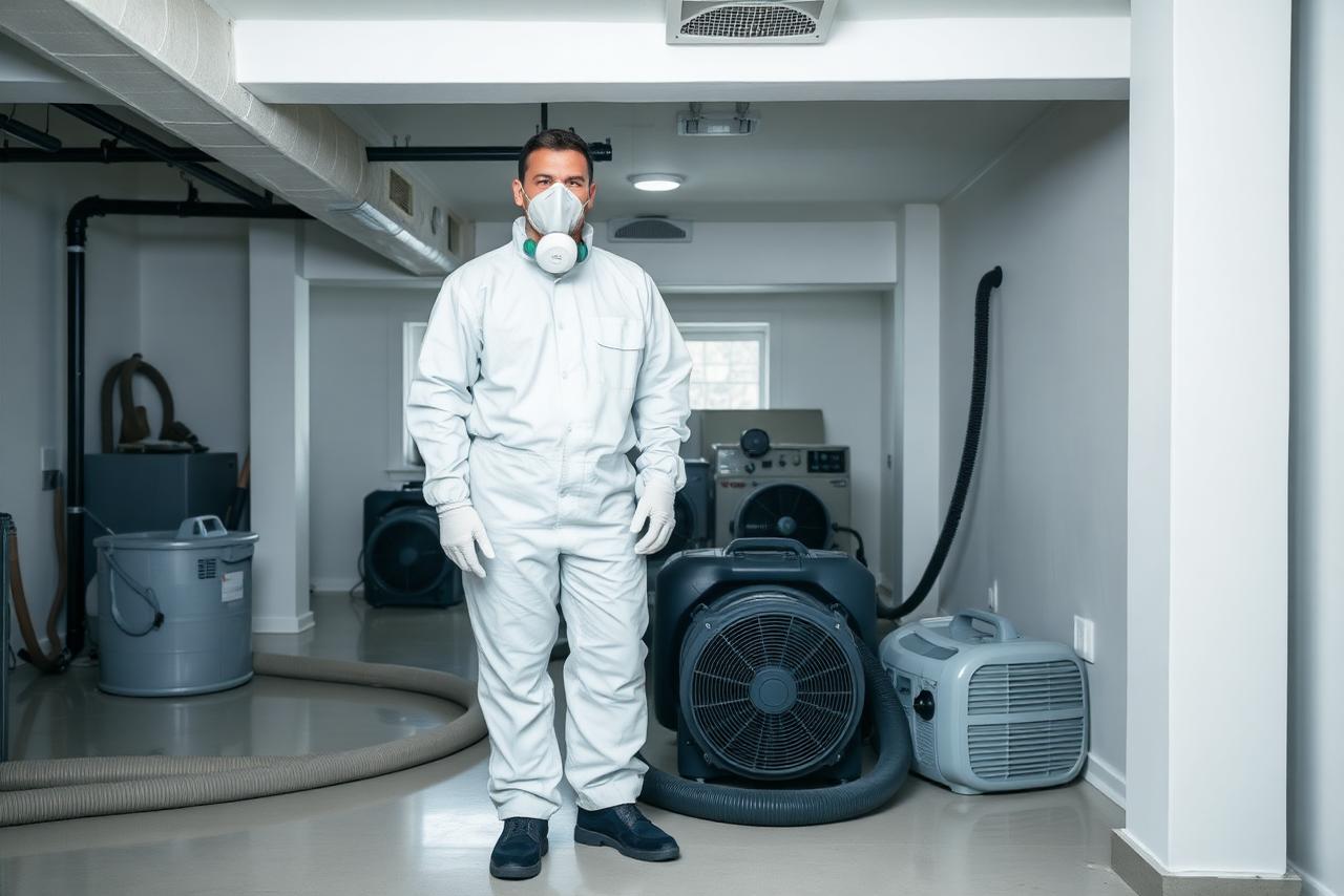 Technician in protective gear sanitizing a home after a sewage backup.